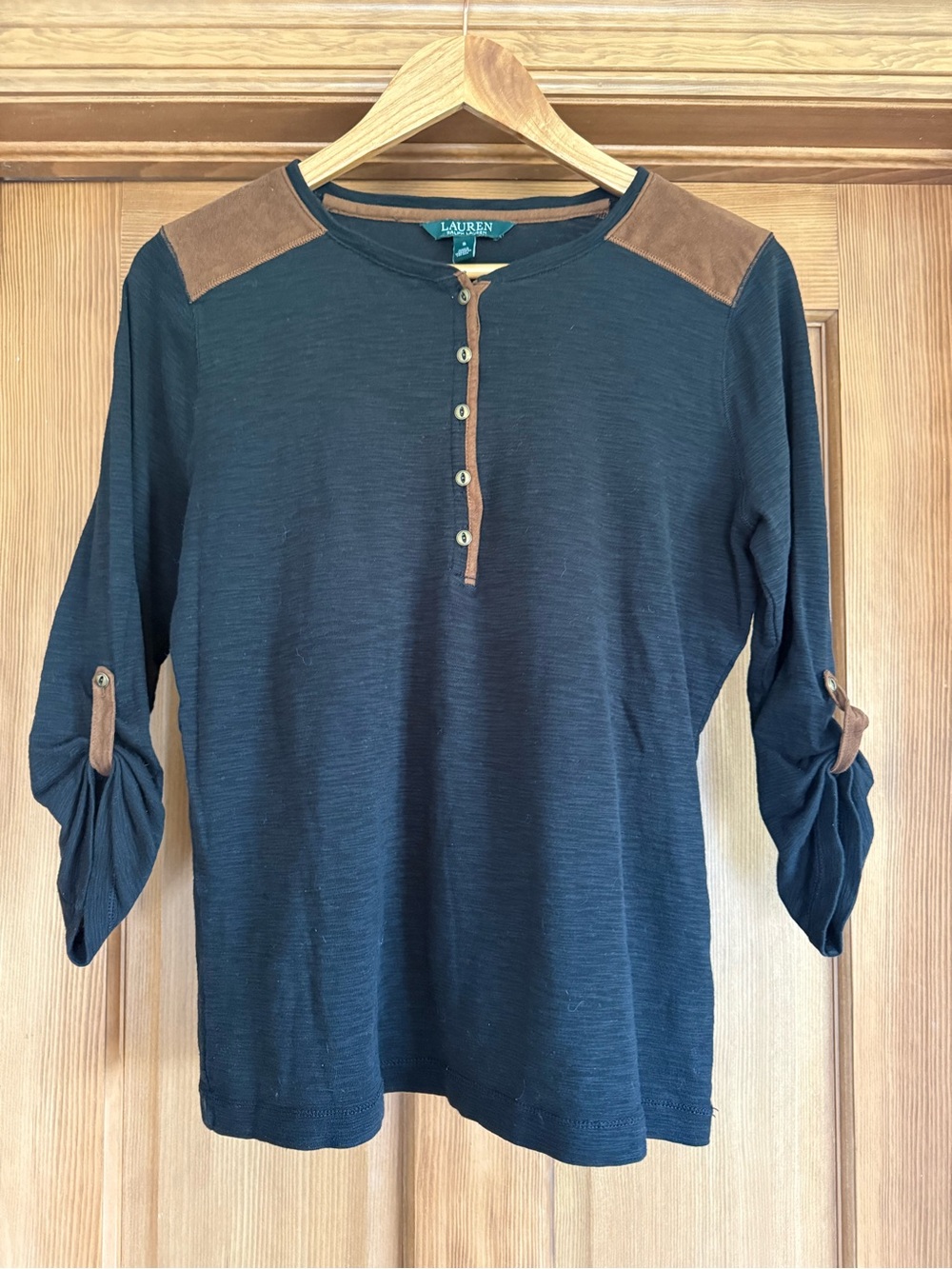 Ralph Lauren Black Henley with Brown Suede Trim
